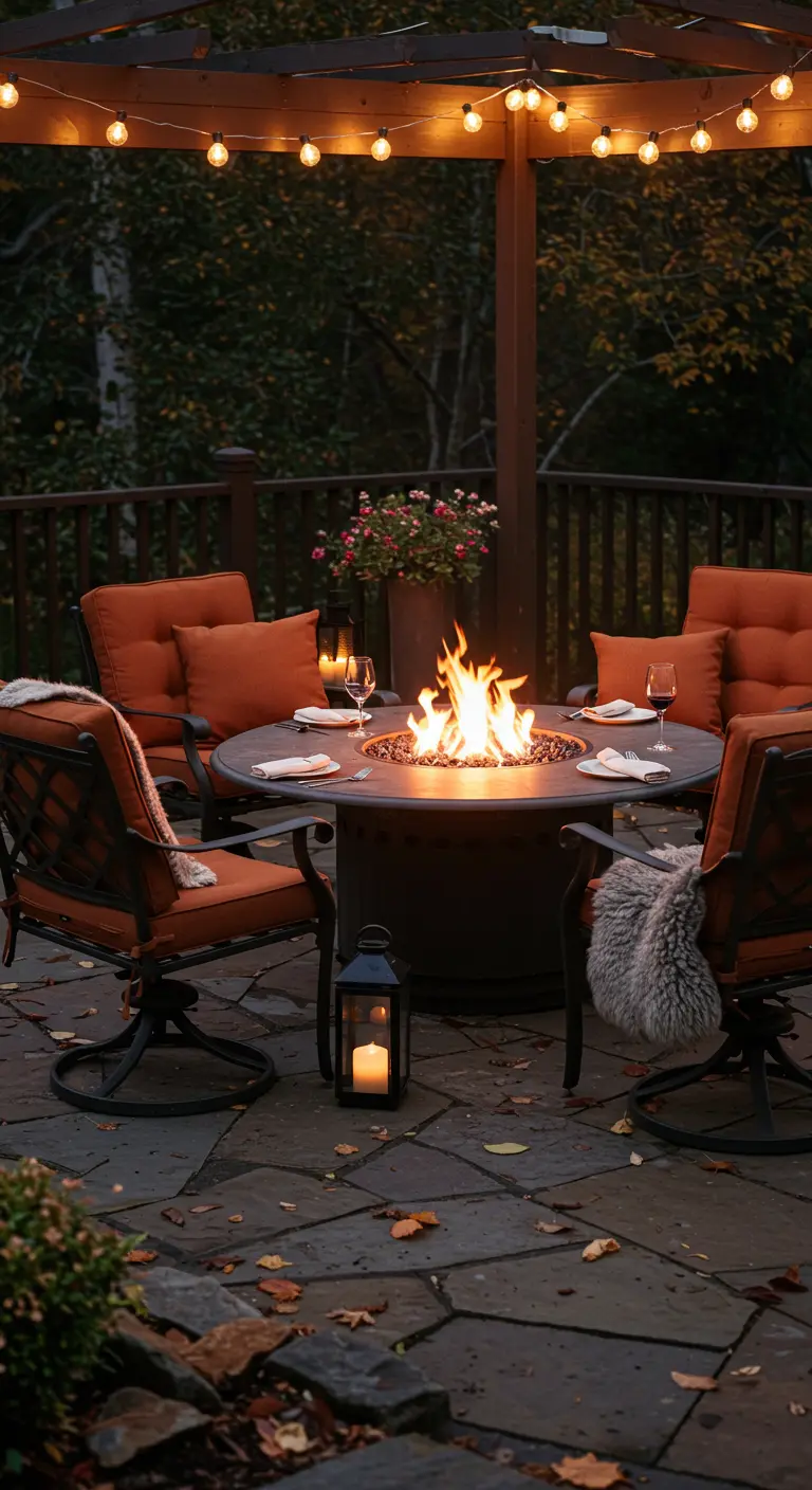 A cozy stone patio with a round fire pit table and cushioned chairs under a pergola.