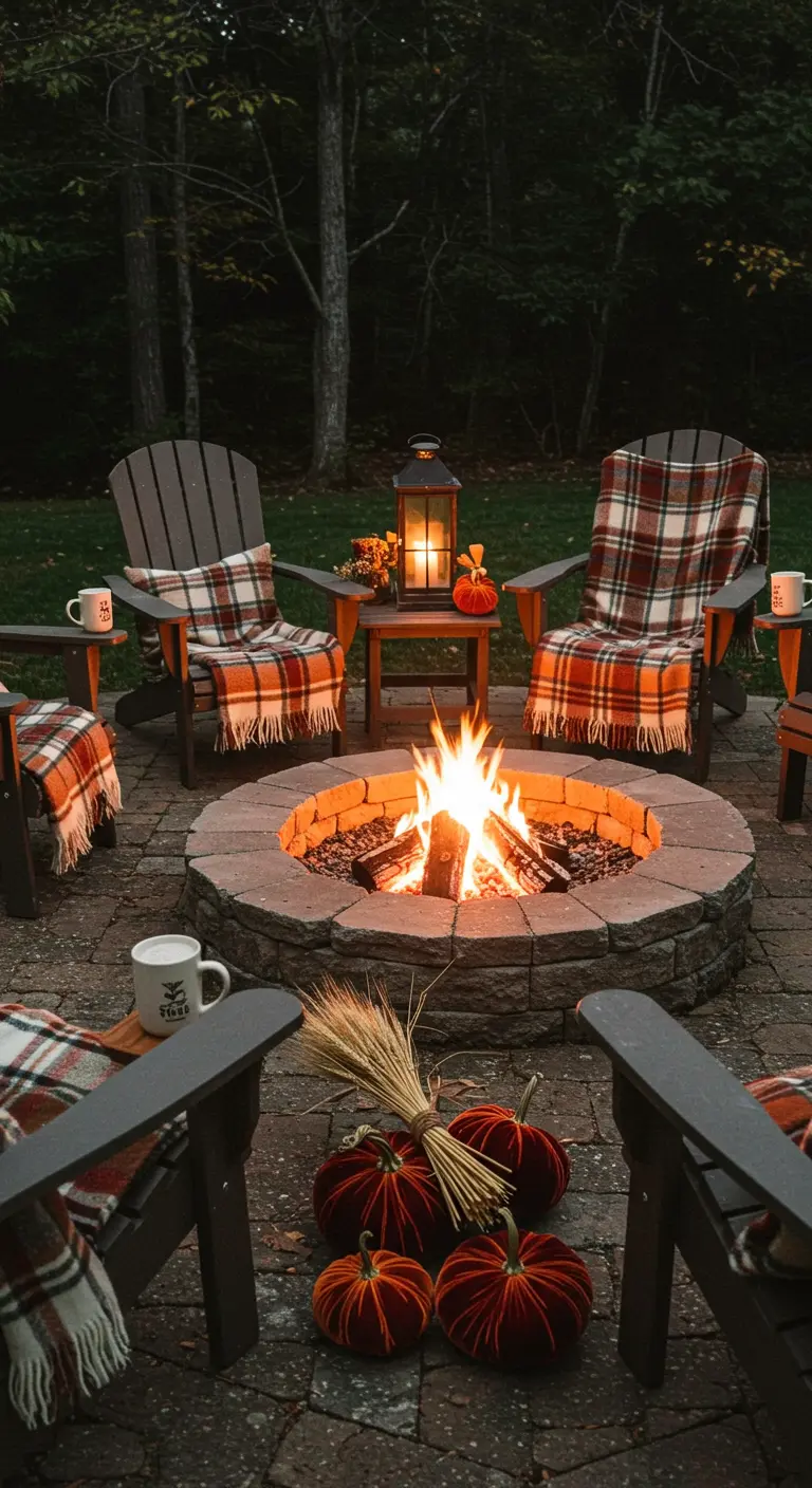 Cozy fire pit scene with plaid blankets, a wheat bundle, and red velvet pumpkins.