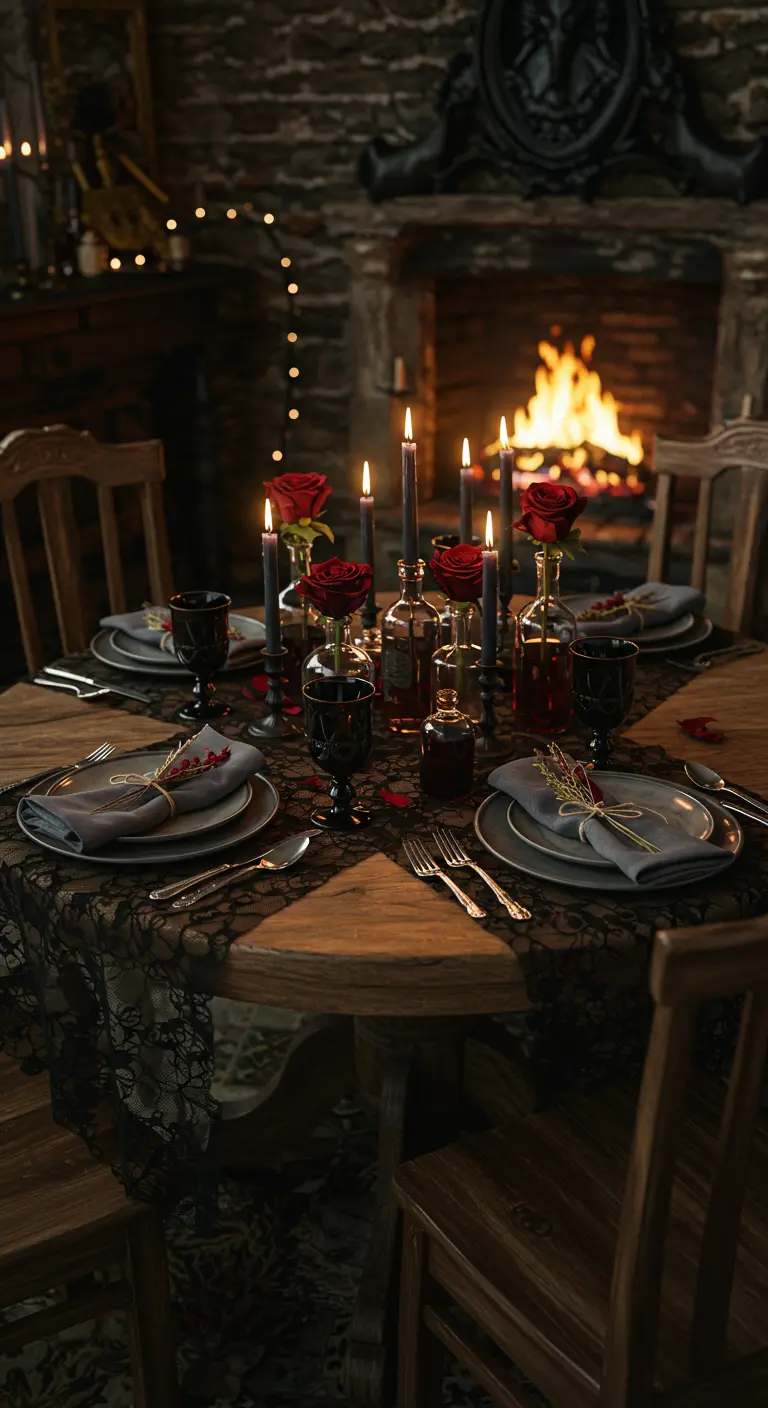 Moody round table with black lace, red roses, and a roaring fireplace in the background.