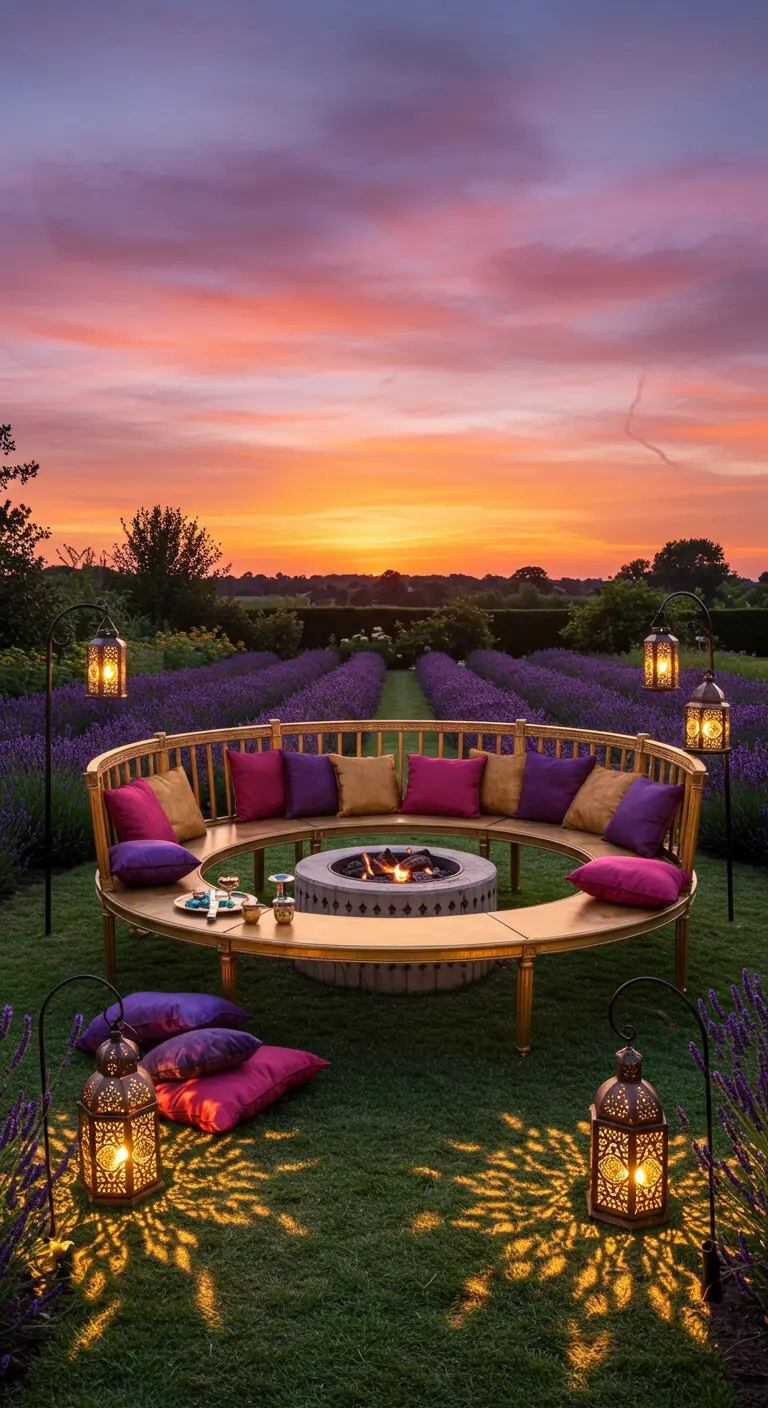 Circular golden bench with colorful pillows around a fire pit at sunset.