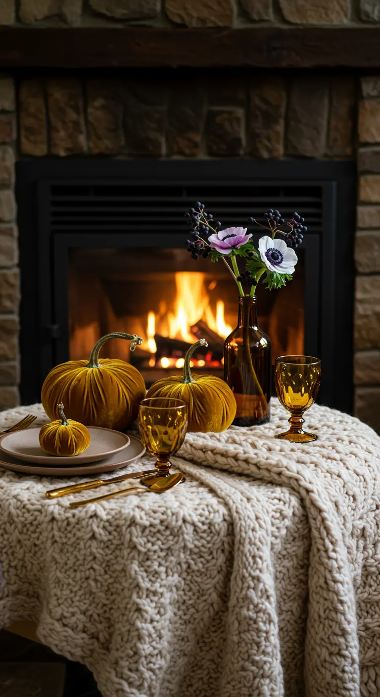 Cozy fireside table for two with a knit blanket and mustard velvet pumpkins.