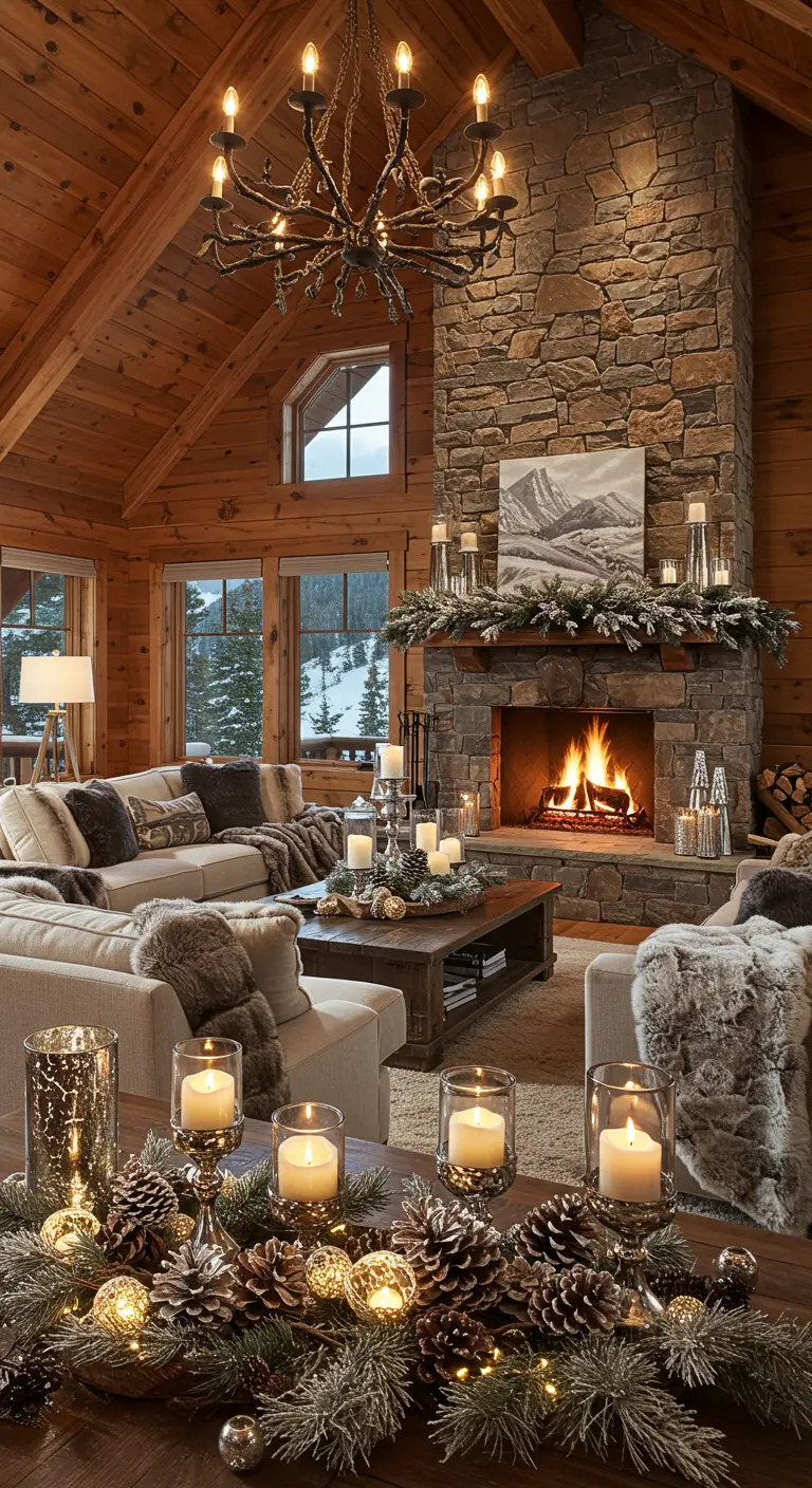 A rustic wood and stone living room with a fireplace decorated with frosted garland and silver candles.