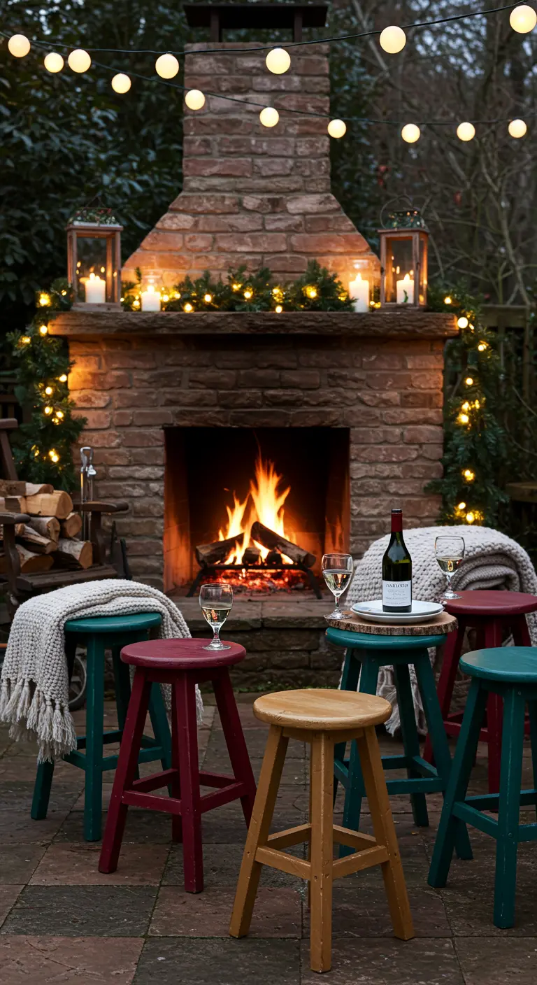 Stools in rich jewel tones like red and green arranged around a roaring outdoor fireplace.