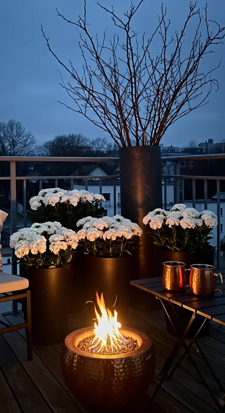 A dark balcony at dusk with a portable fire pit, copper mugs, and white flowers in dark planters.