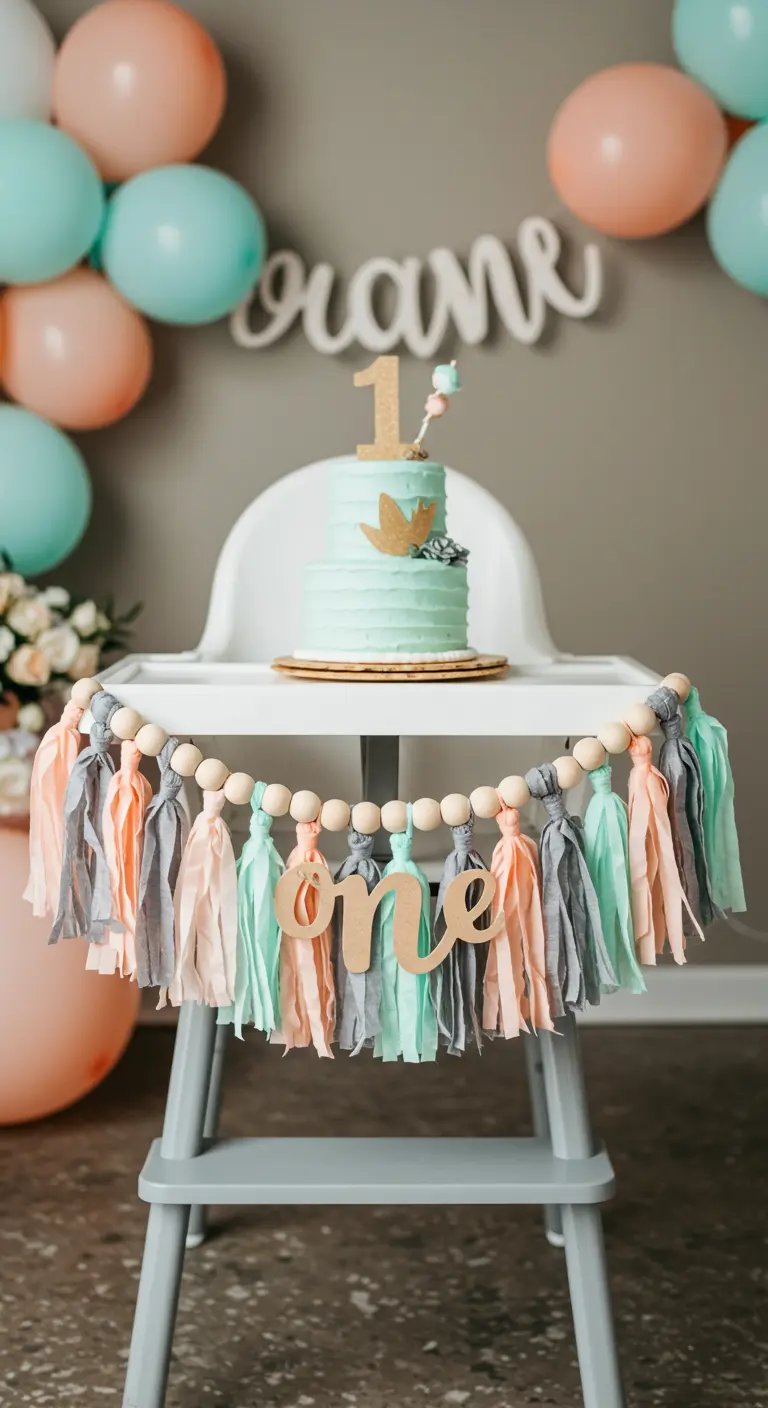 A high chair decorated for a first birthday with a fabric tassel and wood bead garland.
