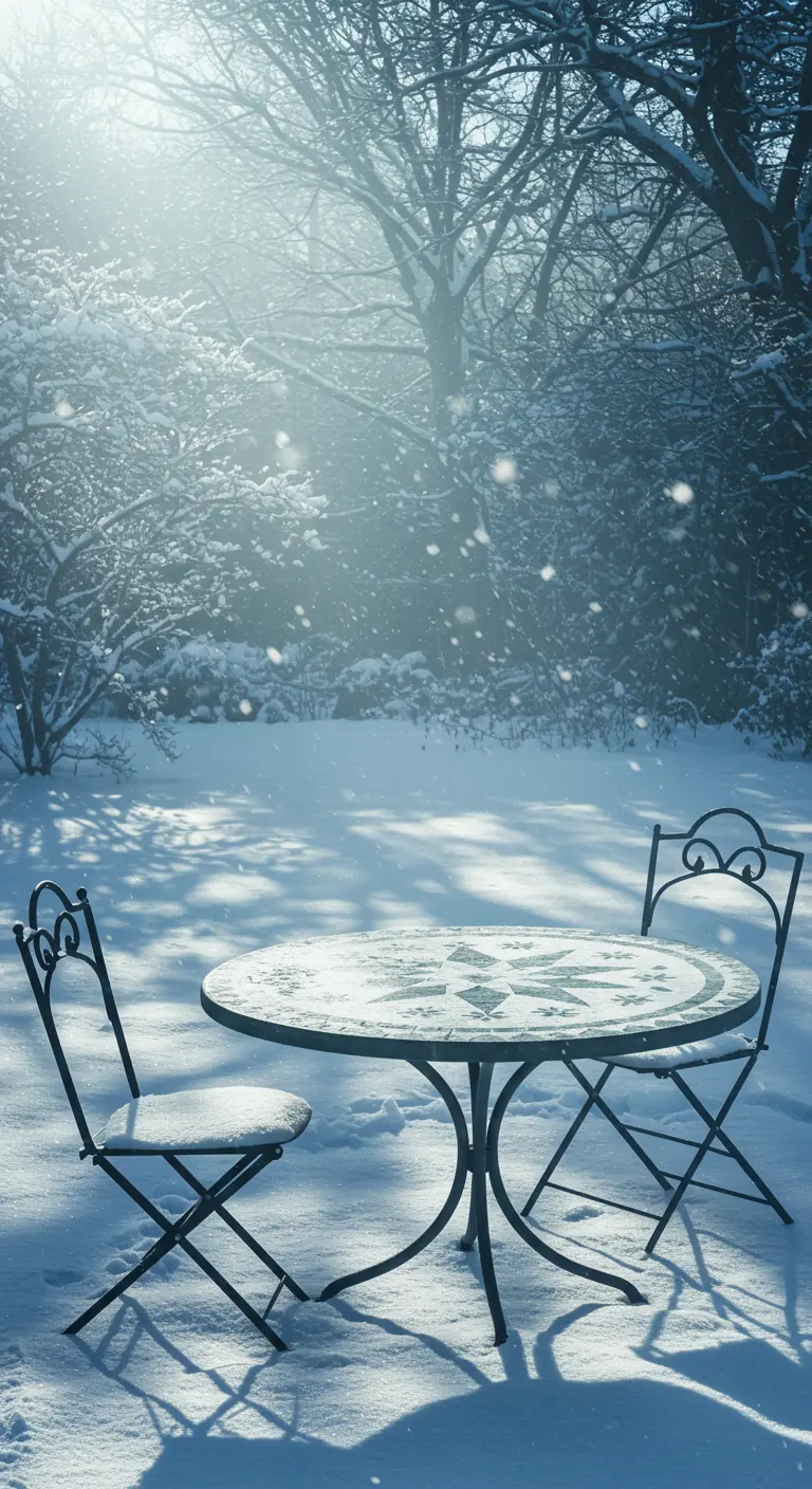 Mosaic bistro table with a snowflake pattern covered in a light layer of fresh snow.