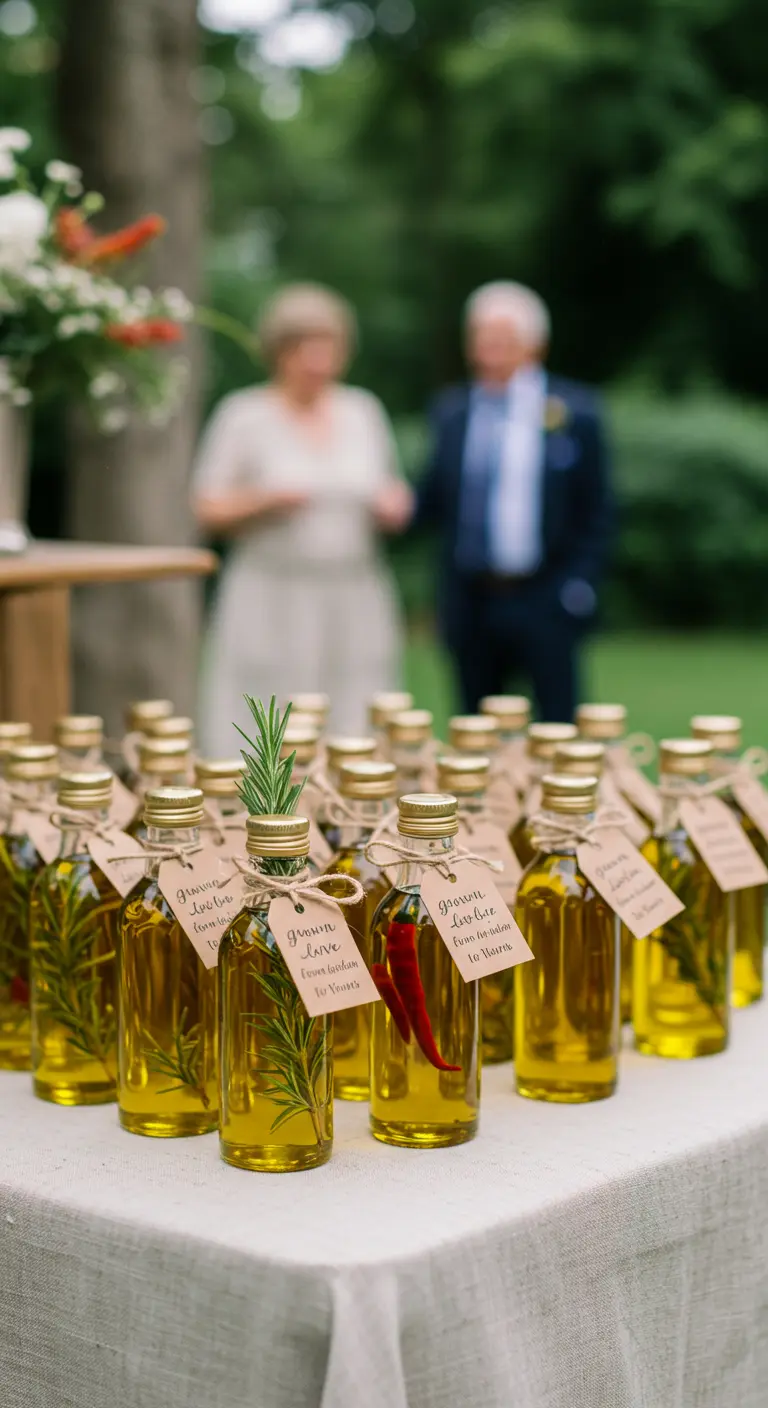 Small bottles of olive oil infused with rosemary and chili, arranged as party favors on a table.