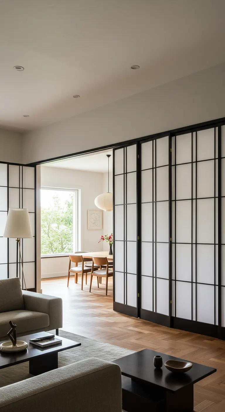 Living room with black-framed shoji screen doors that open into a dining area.
