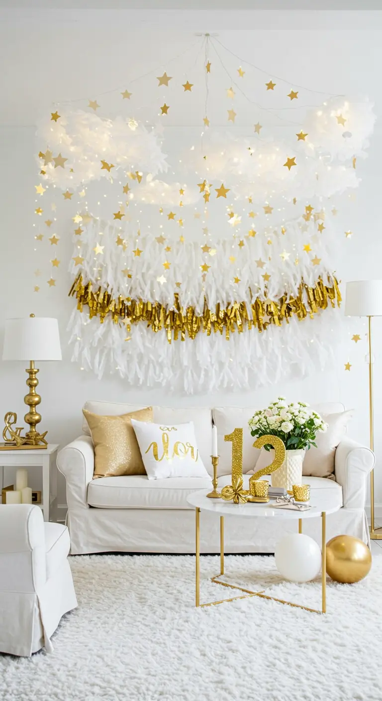 A white living room with a DIY cloud of lights and stars over the sofa.