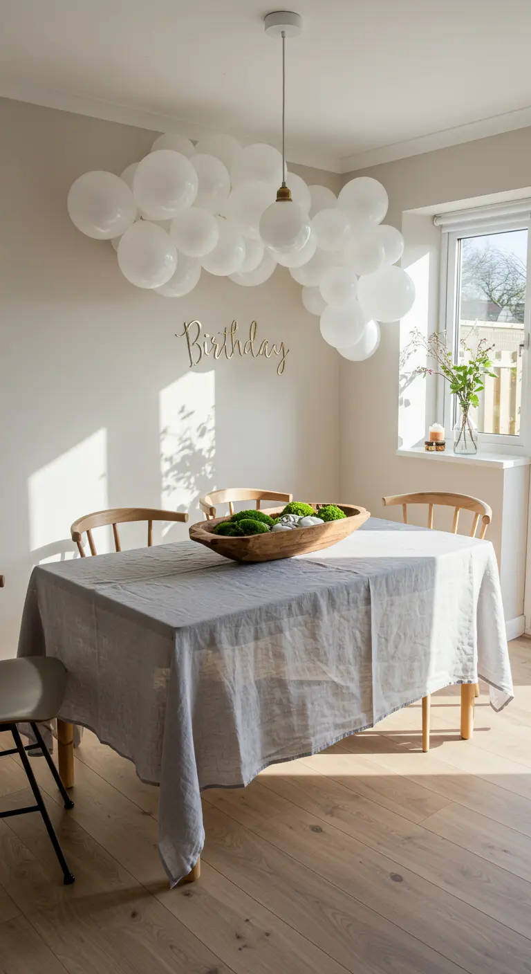 A small cloud of white balloons floating over a minimalist dining table with a wooden 'Birthday' sign.