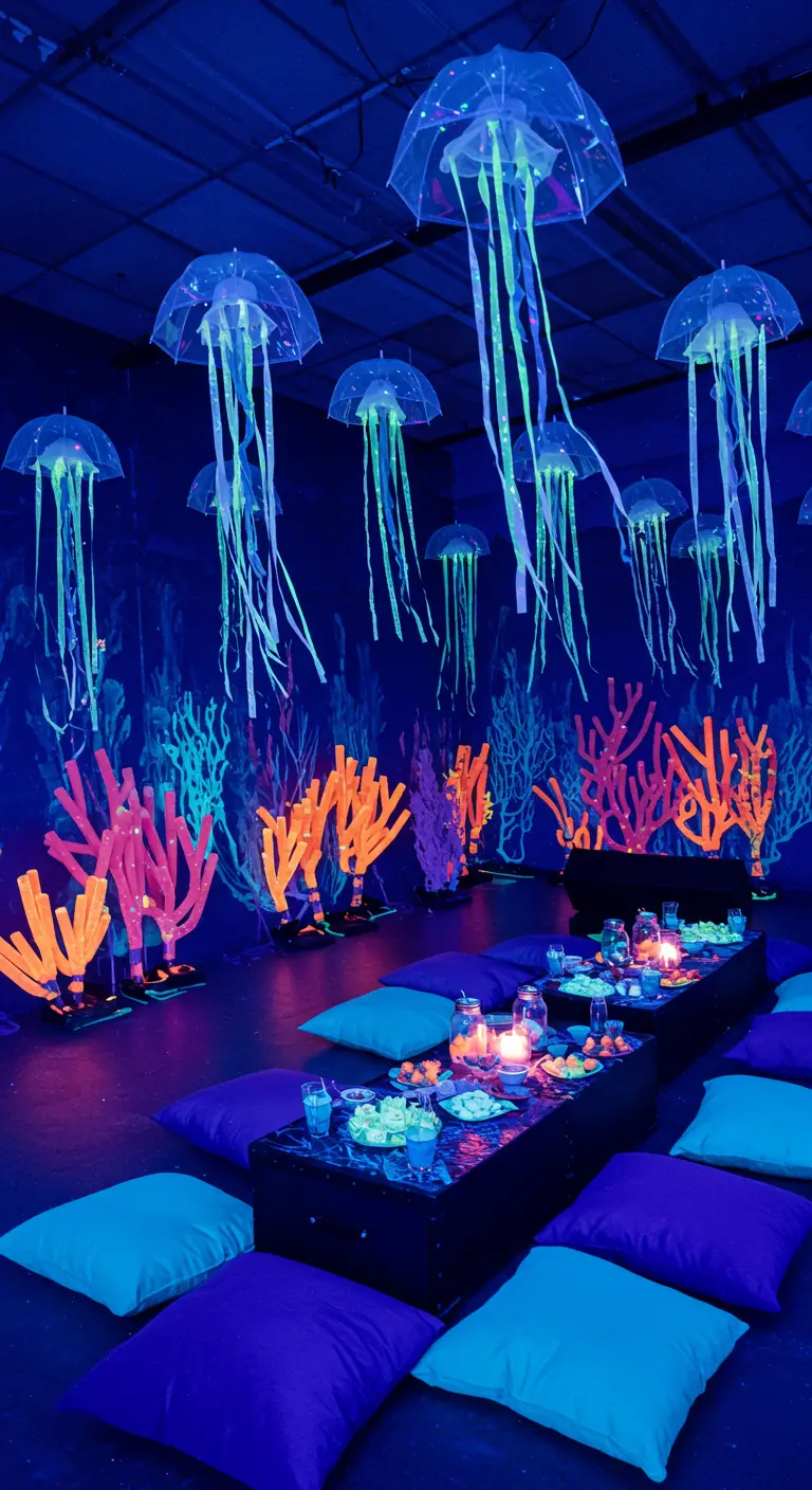 DIY glowing jellyfish made from umbrellas, lights, and ribbons hanging from the ceiling.