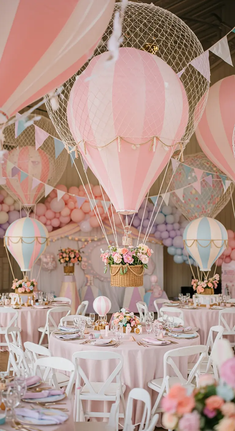 Party tables decorated with hot air balloon centerpieces in pastel colors.