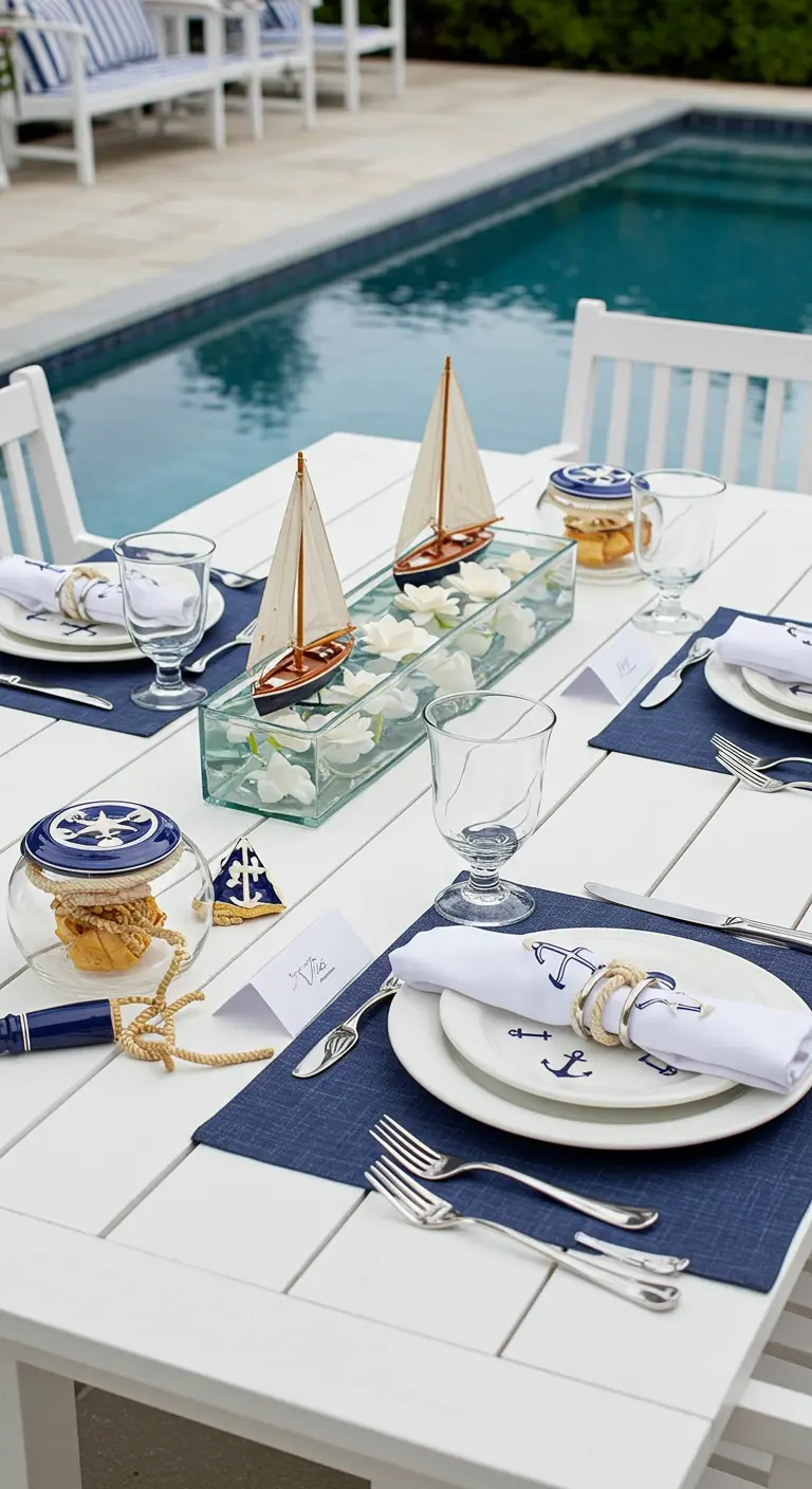 Crisp poolside table with a glass trough centerpiece floating flowers and sailboats.