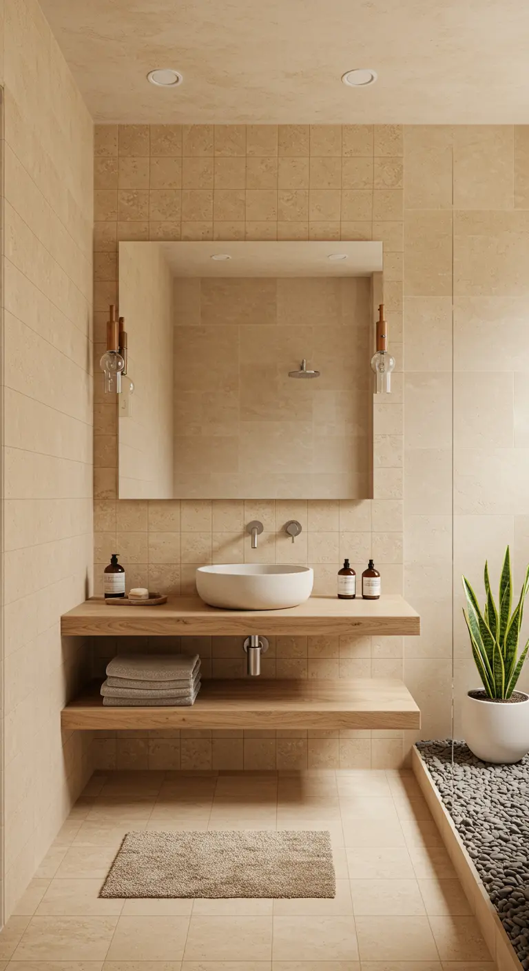 A minimalist bathroom with a floating light-wood double vanity and a vessel sink.