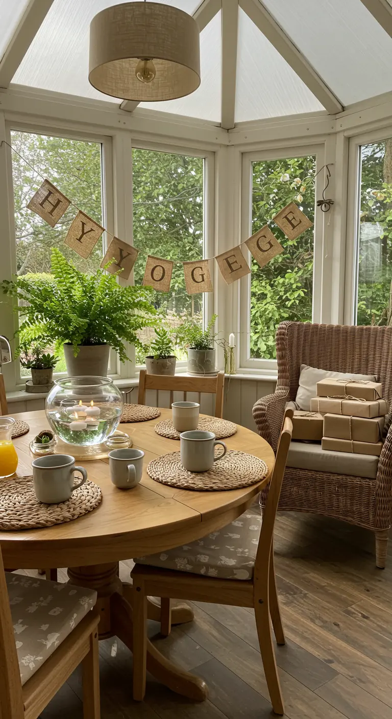 A sunroom dining table with a 'HYGGE' banner and a glass bowl with floating candles.