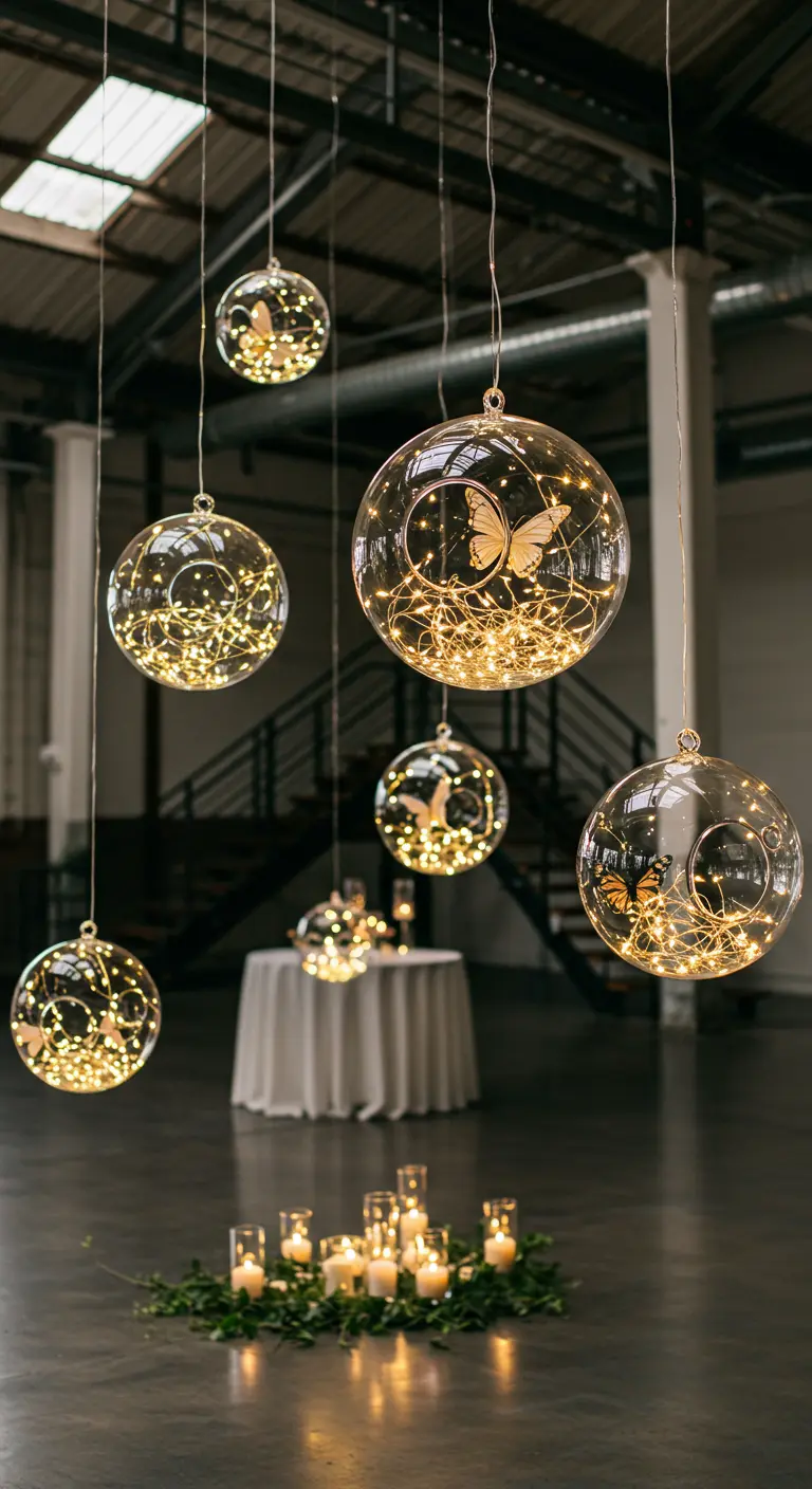 Glass globe ornaments with fairy lights and butterflies inside hanging from the ceiling.
