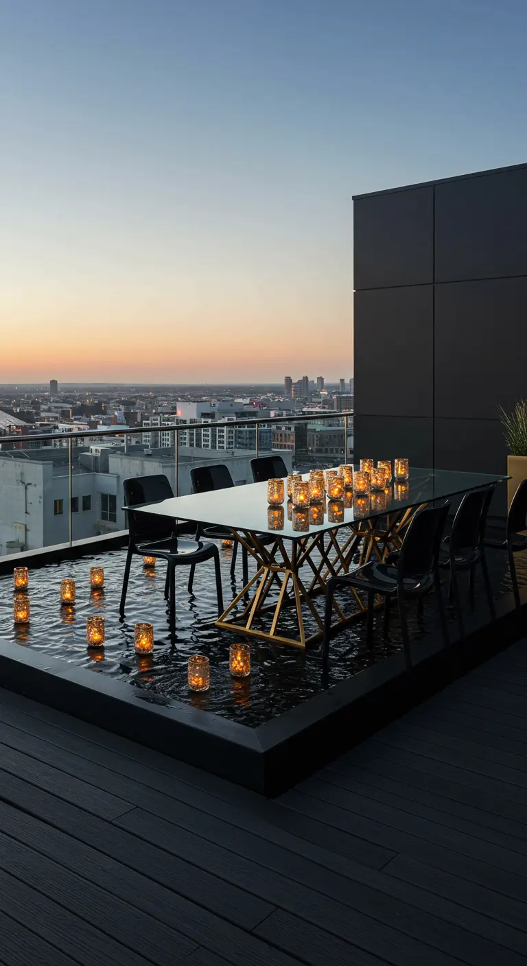 A dining table set over a shallow pool of water, with glowing votives floating on the surface.