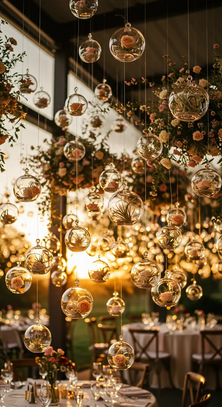 Dozens of hanging glass orbs, each containing a single rose, glowing in the sunset light.