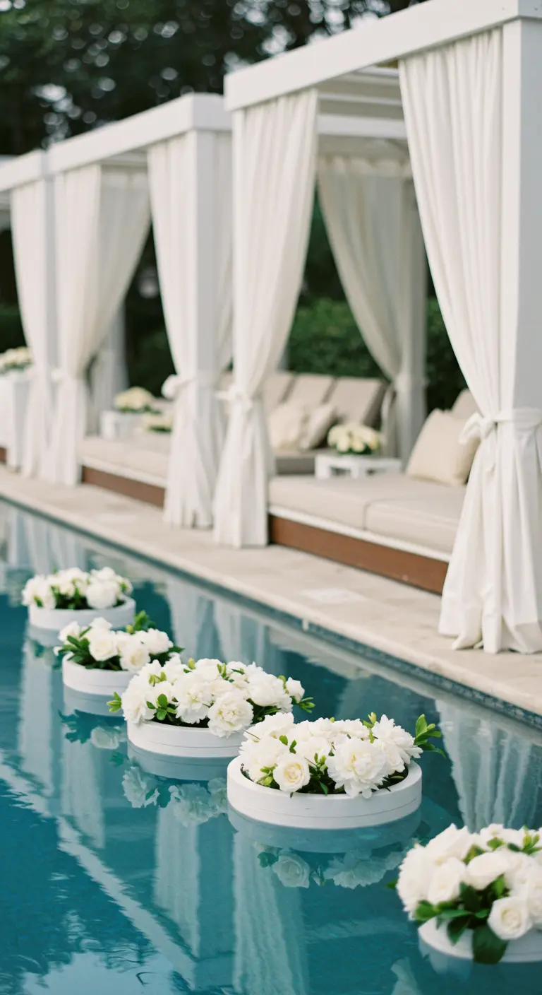 White floral arrangements floating in a swimming pool next to elegant white cabanas.