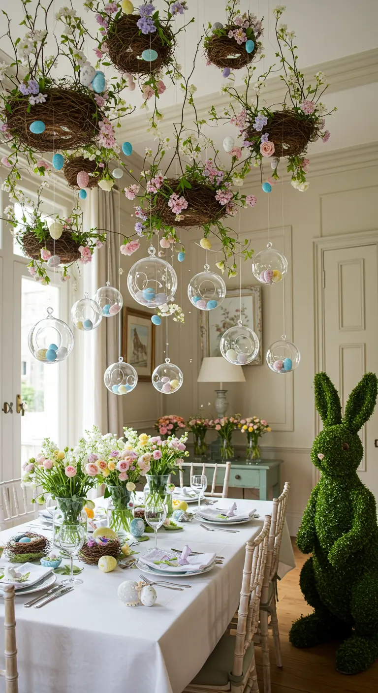 Dining room with floral nests and glass globes hanging from the ceiling above the table.