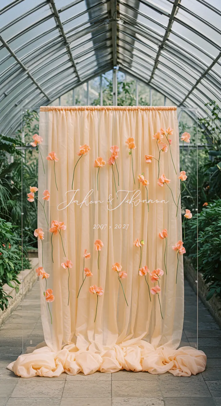 A clear acrylic wedding sign with floating peach sweet peas, backed by a peach tulle curtain.