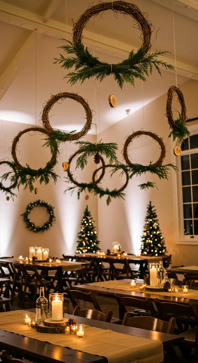 Grapevine wreaths decorated with evergreens hanging from the ceiling like chandeliers.
