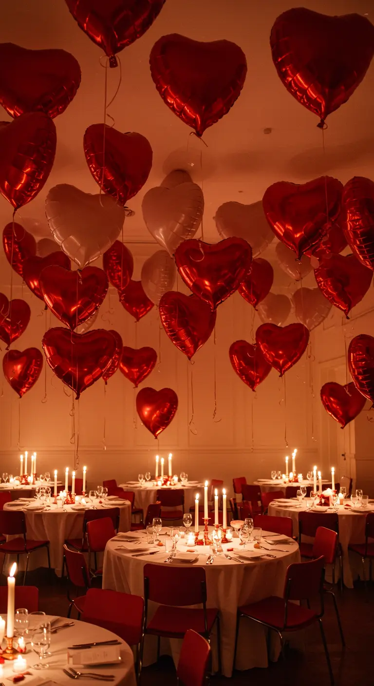 A candlelit dining room with dozens of red and white heart balloons on the ceiling.