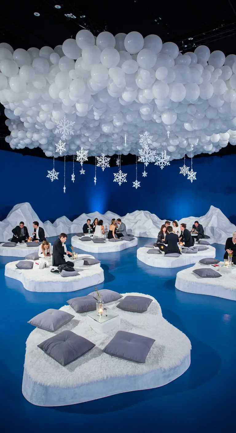 Guests sitting on white 'ice floe' platforms under a ceiling covered in white balloons.
