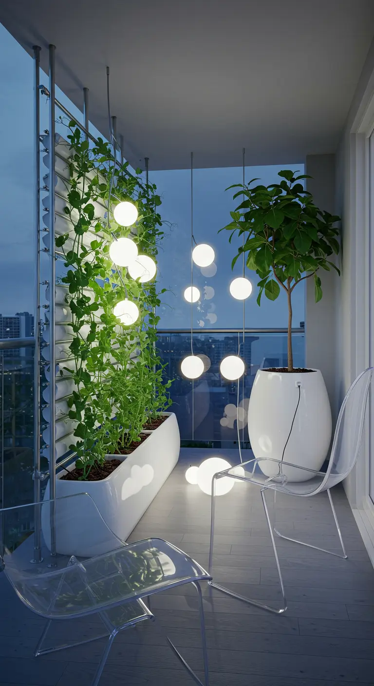 Modern balcony at night with a vertical garden and glowing orb pendant lights.