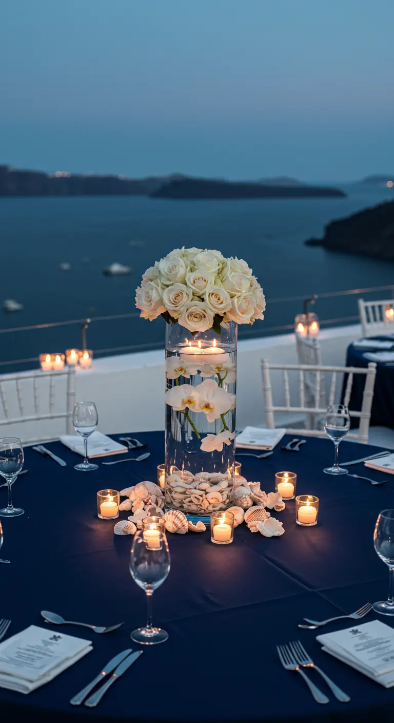 Tall glass vase with white roses, floating candles, and seashells on a navy blue table.