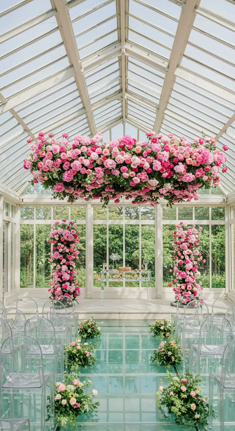 A dense, floating installation of pink peonies hanging over a wedding ceremony.
