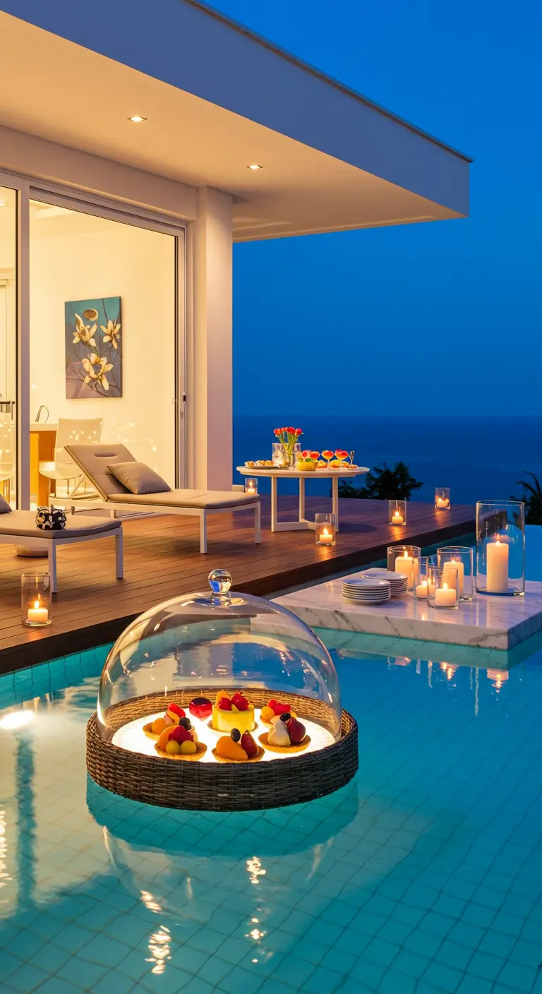 A woven tray with fruit tarts under a glass cloche floating in a swimming pool at twilight.