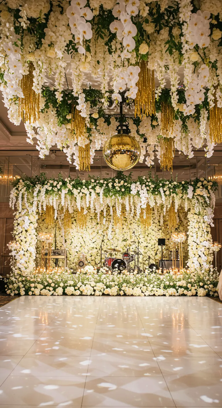 A stage framed with an ivory flower wall, gold beaded curtains, and a disco ball hanging from the ceiling.
