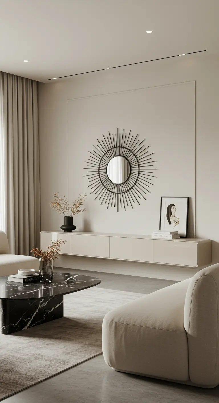Minimalist living room with a floating cream console and a black sunburst mirror.