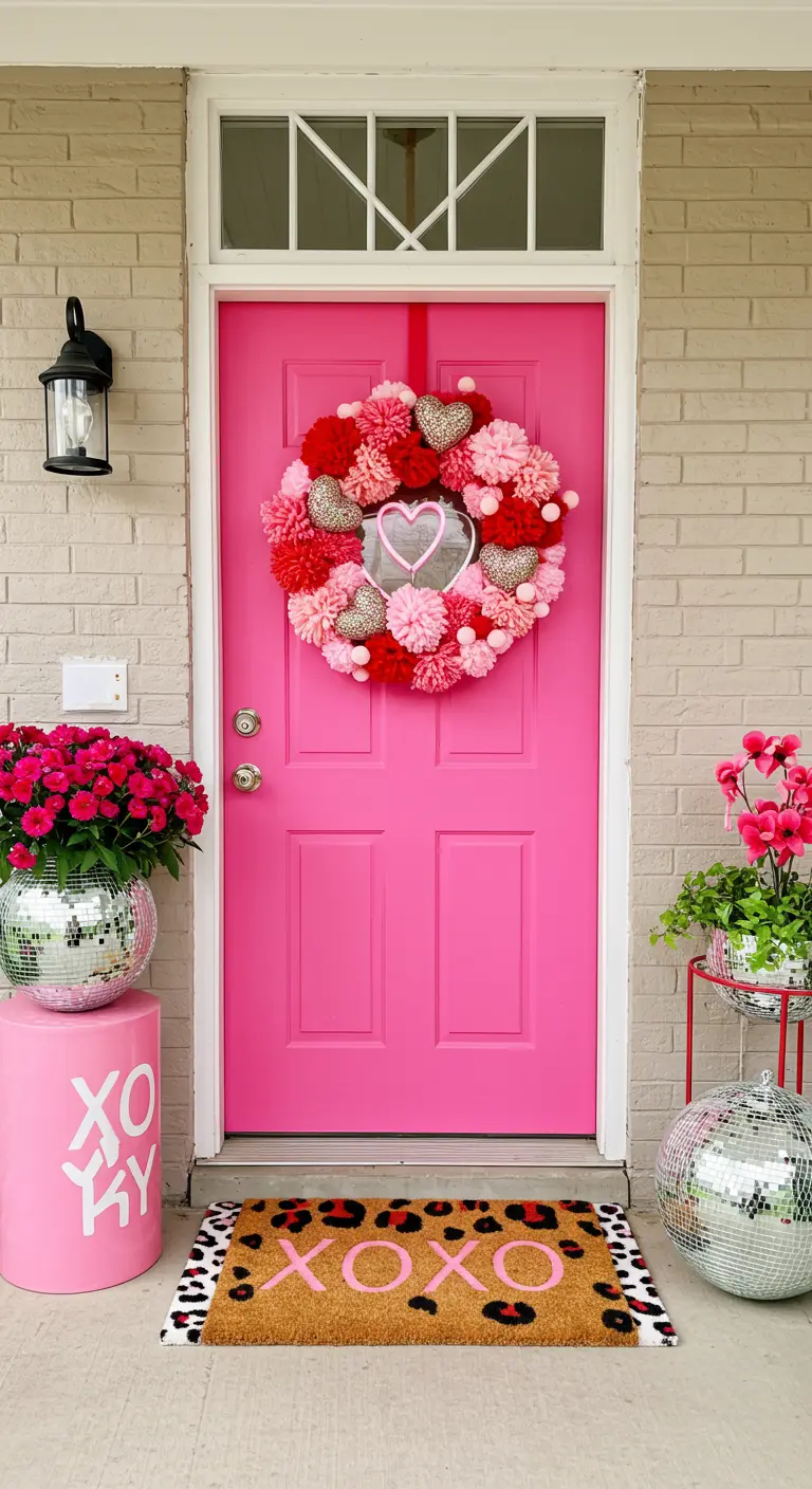 Hot pink door with a pom-pom wreath, disco ball planters, and an XOXO theme.