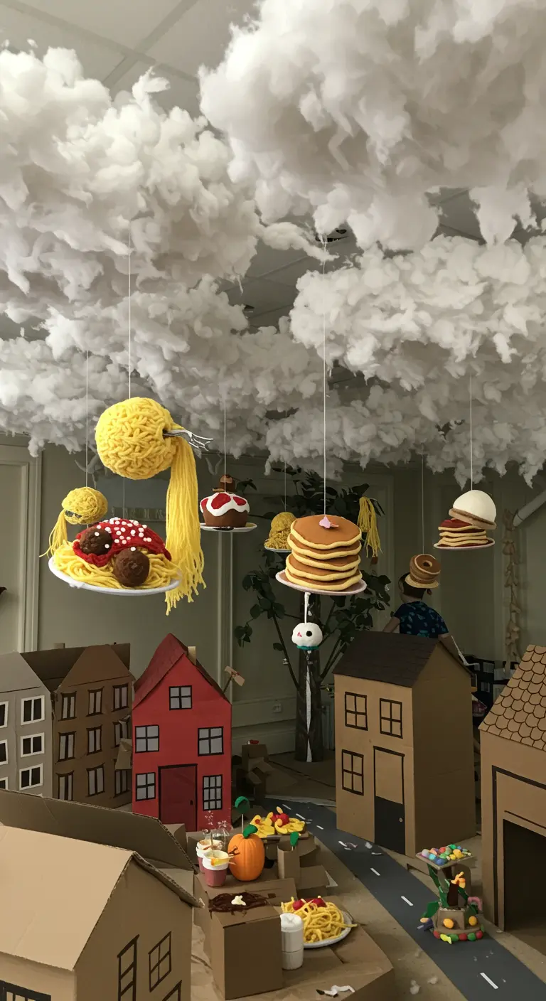 A room themed like 'Cloudy with a Chance of Meatballs' with food falling from cotton clouds.