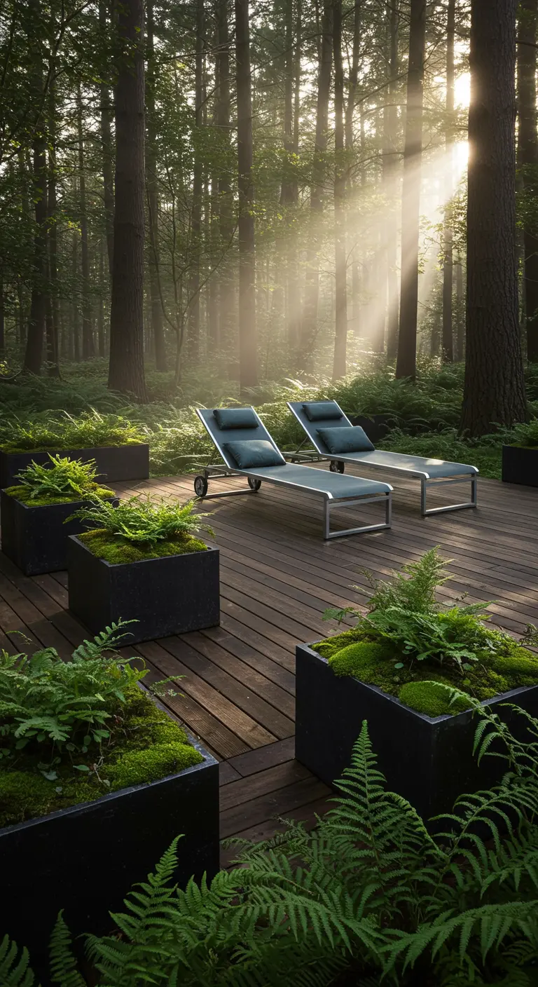 Chaise lounges on a wooden deck in a forest, surrounded by black planters filled with ferns and moss.
