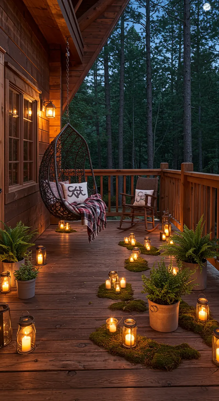 A wooden cabin porch decorated with lanterns placed on patches of moss and a hanging egg chair.