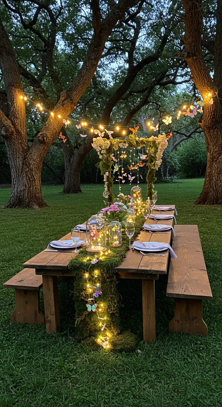 Enchanted picnic table with a moss runner, bell jars, and butterfly-adorned lights.