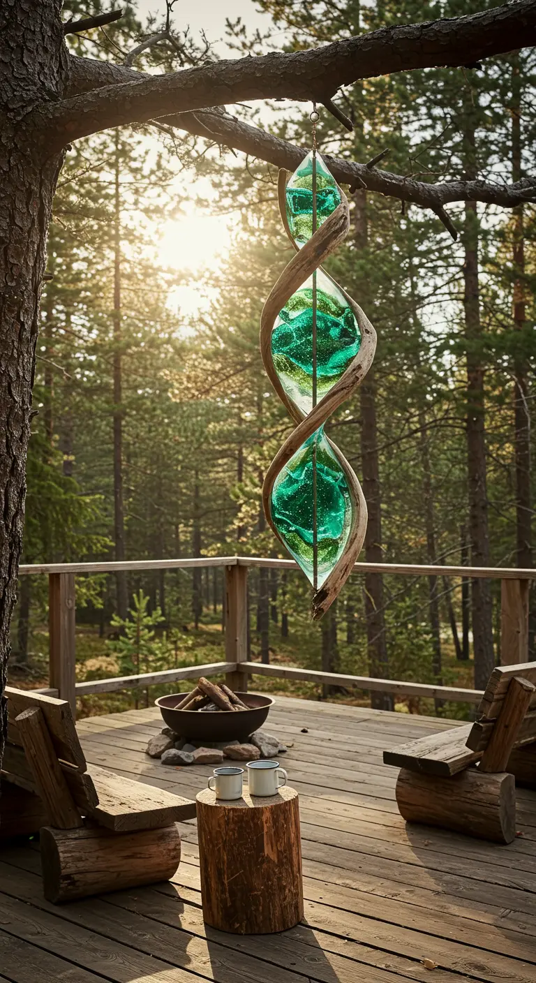 Emerald green resin and driftwood spinner hanging from a tree on a rustic forest deck.