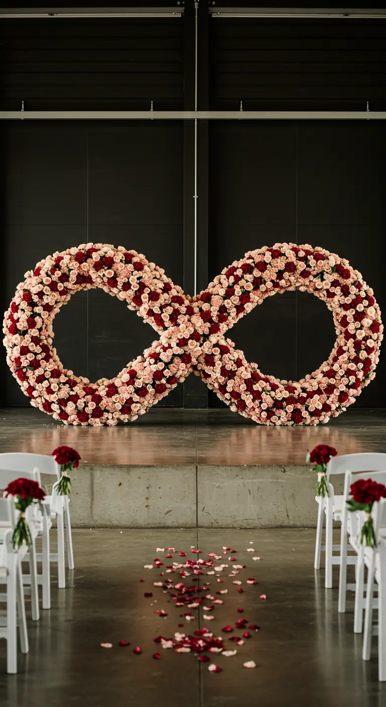 A large wedding backdrop in the shape of an infinity symbol covered in flowers.