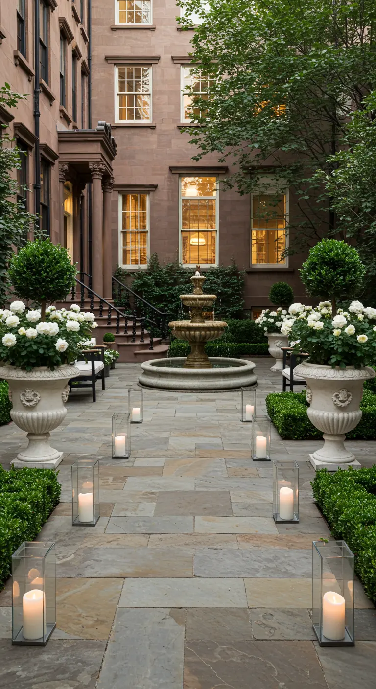 A formal courtyard with a fountain, flanked by urns of white hydrangeas and candlelit lanterns.