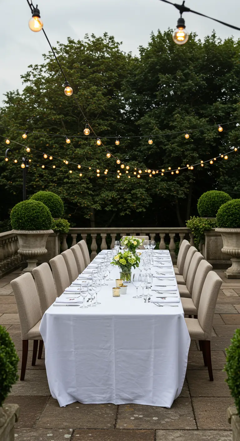 A long, formal dining table with a white tablecloth set on a terrace for an event.