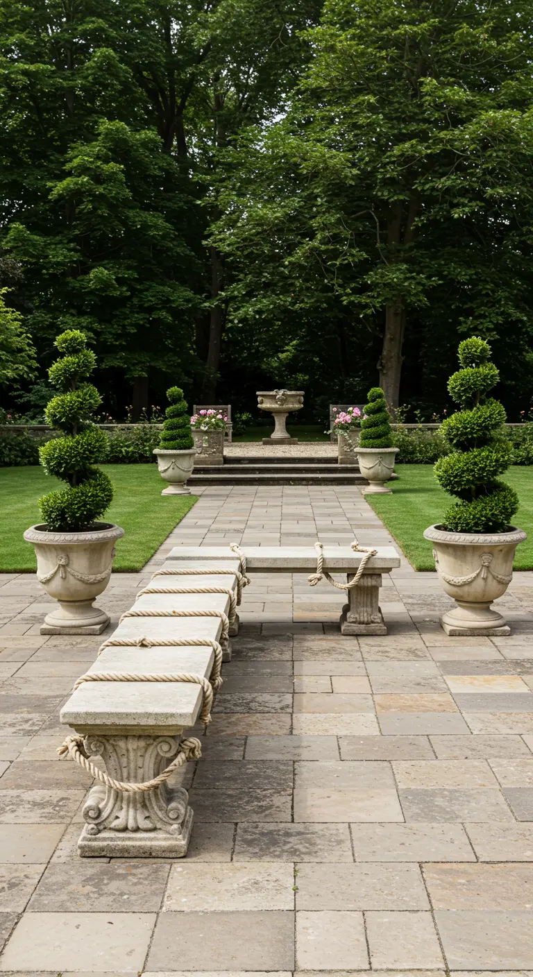 A long stone bench with classical carved legs and draped rope details in a formal garden.