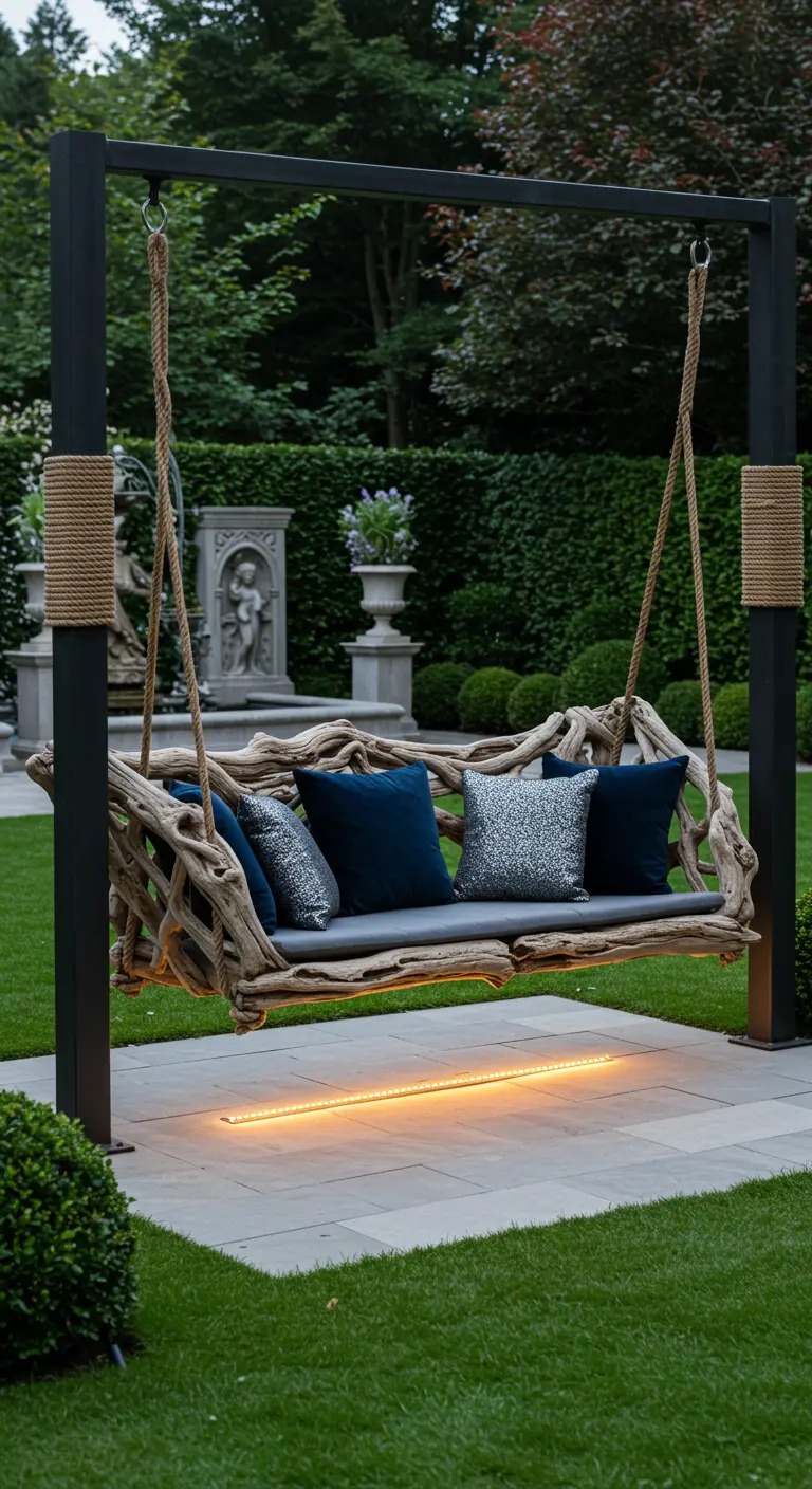 Driftwood swing bench with blue and silver cushions under a dark frame with LED lighting in a garden.