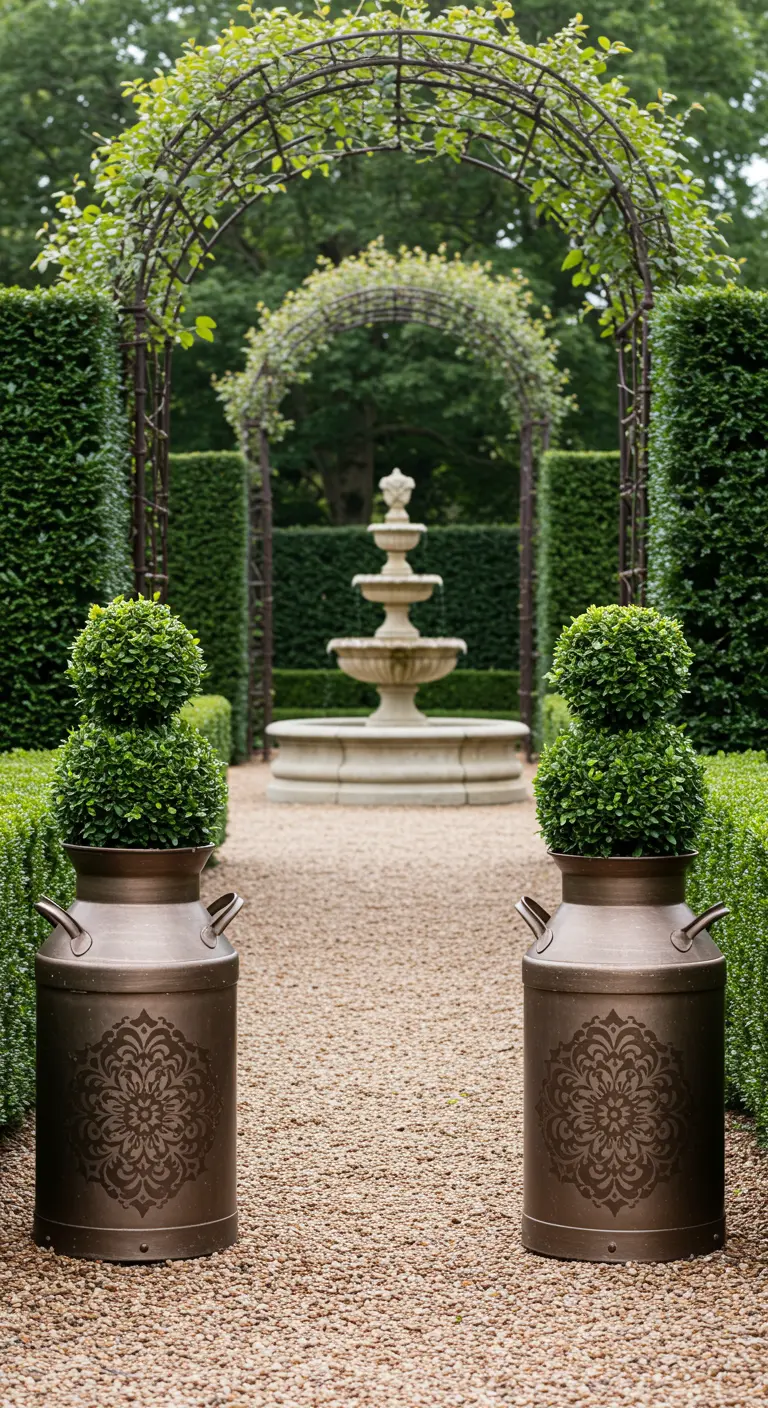 Two dark bronze milk cans with tonal stencils and boxwood topiaries flank a formal garden path.