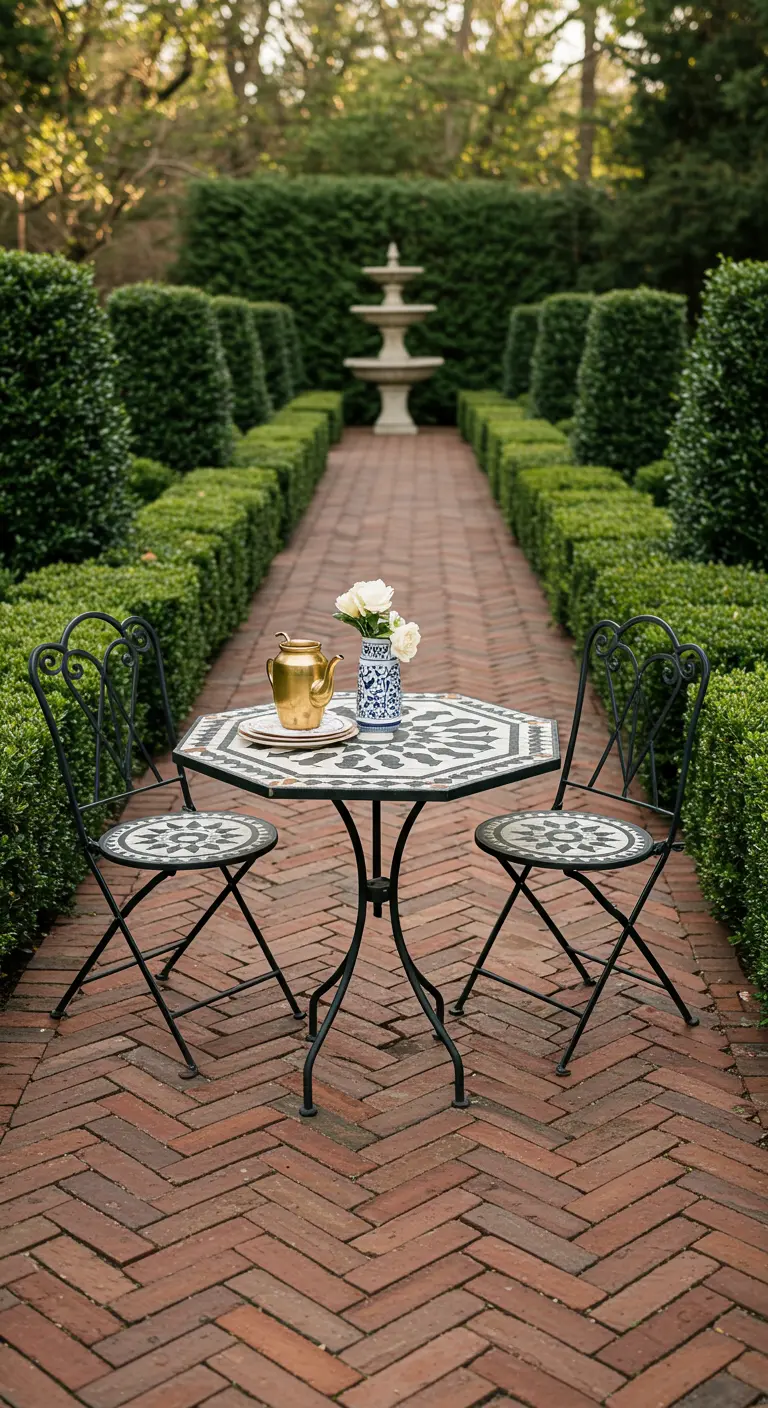 Hexagonal mosaic bistro table on a brick path in a formal garden with hedges.