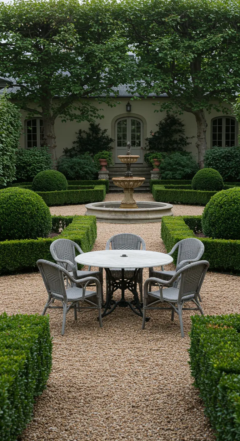 A formal garden with a marble table and chairs set on gravel near a fountain.
