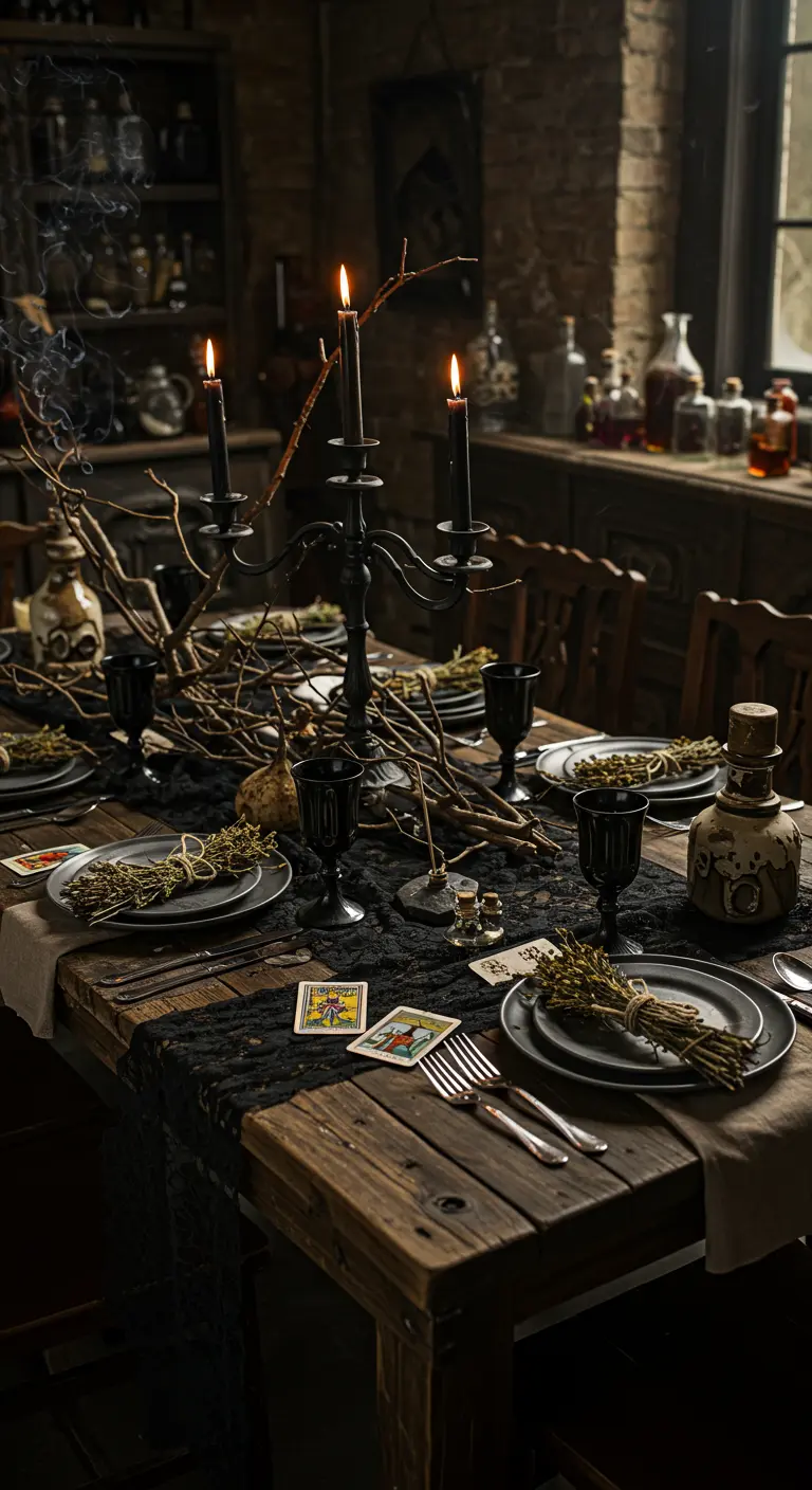 A rustic Halloween table decorated with tarot cards, dried herbs, and black candles.
