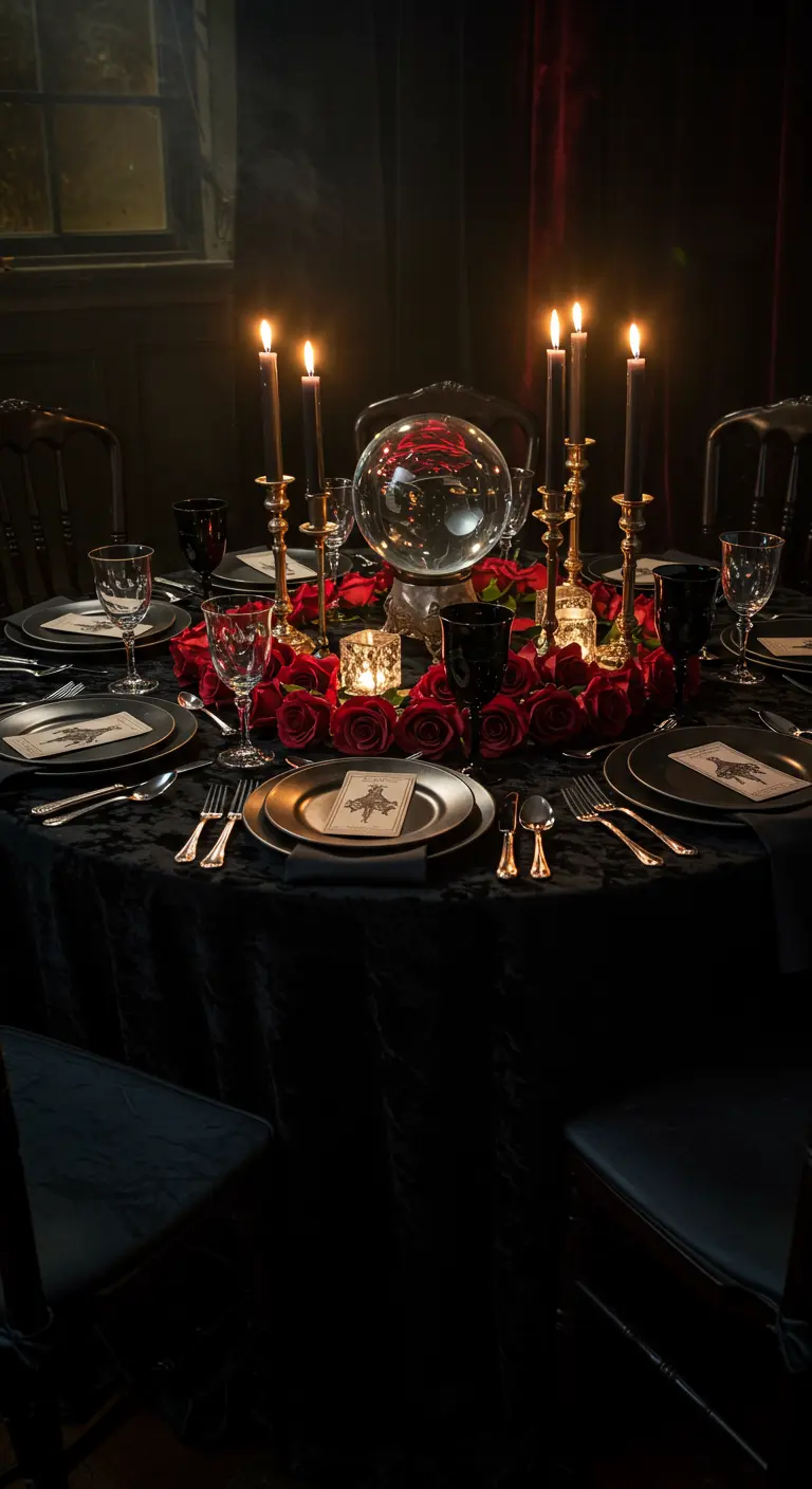Dark, round table with a crystal ball and rose wreath centerpiece under candlelight.